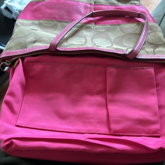 Coach Tan Purse with Pink Leather Straps. Pink stripe accent. - Picture 11 of 12